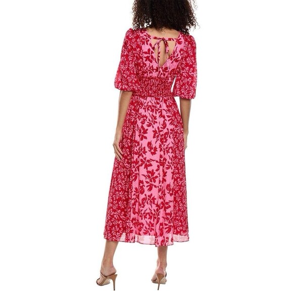$139 Taylor Women's Pink Red Gown Slit Peasant  Chiffon‎ MIDI Floral Dress Sz 6 - Picture 2 of 5